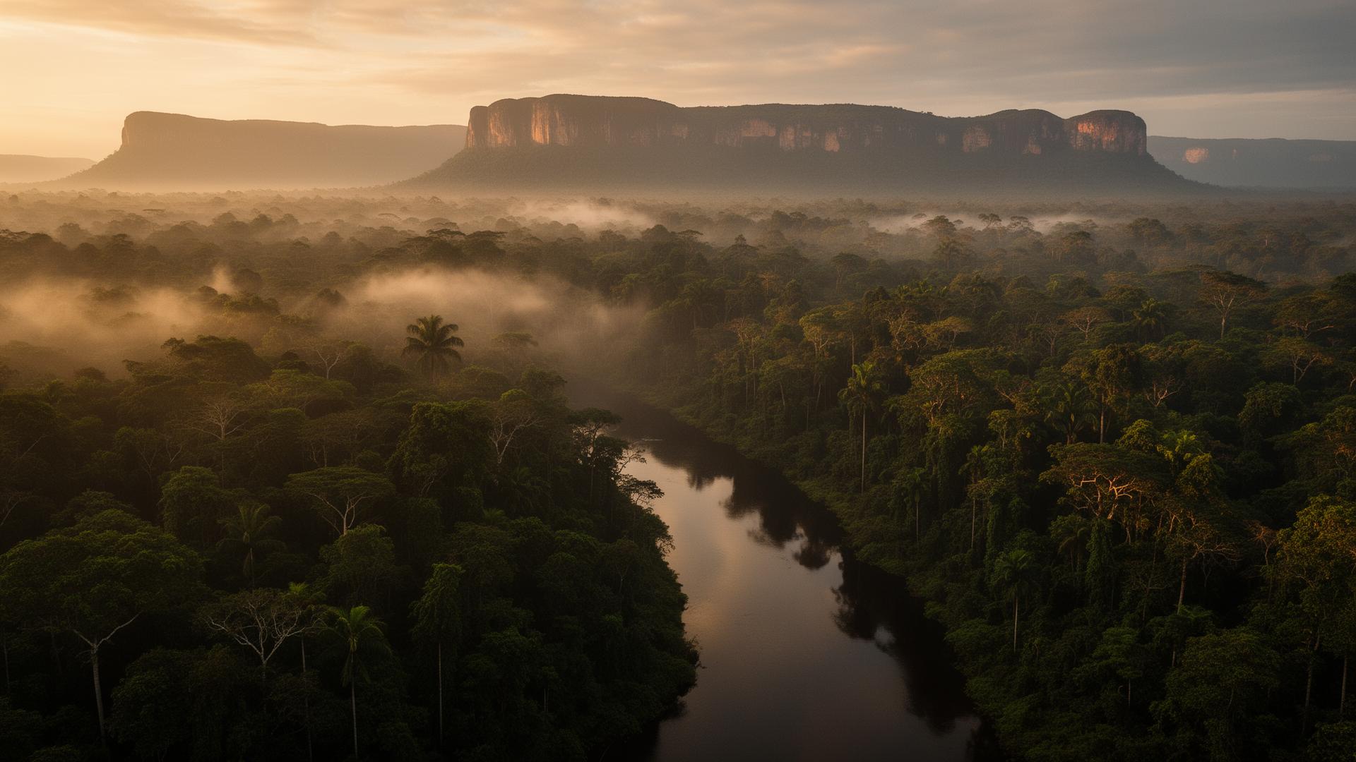 Selva amazónica venezolana al amanecer, con neblina sobre el dosel y montañas tepui al fondo